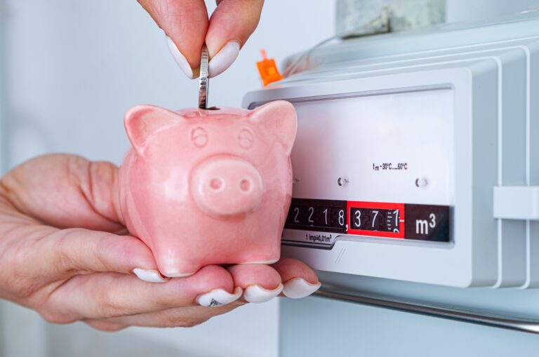 Woman's Hand Puts Coin In Piggy Bank Near A Gas Meter