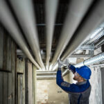 Plumber inspecting pipes